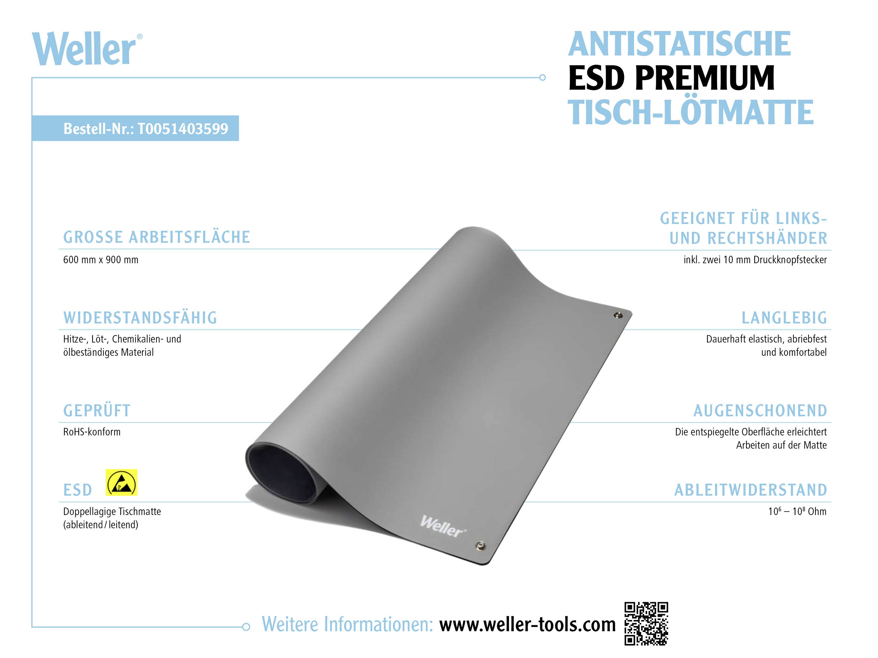 'Weller antistatische ESD Premium Tisch-Lötmatte' rechts, Produktdetails links. Geeignet für diverse Arbeitsumgebungen, langlebig.