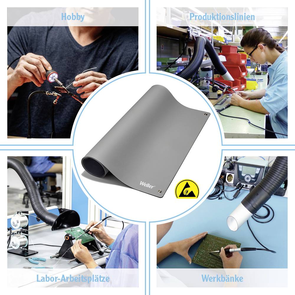 'ESD-Schutzmatte von Weller' in der Mitte. Umgeben von Bildern: Hobby, Produktionslinien, Labor-Arbeitsplätze, Werkbänke. Anwendungen der Matte.