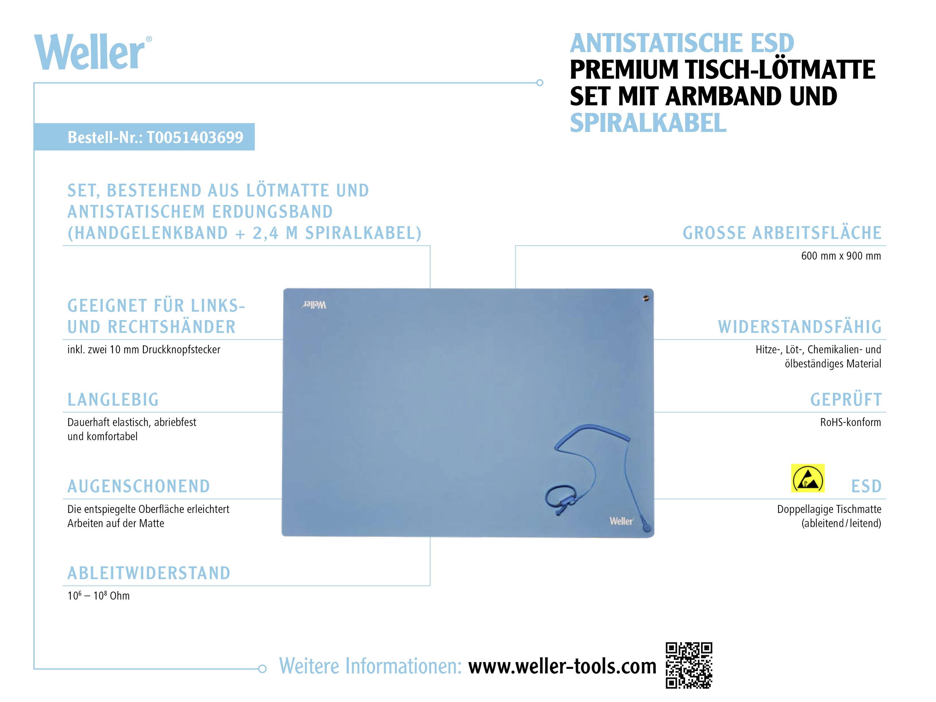 'Antistatische Tisch-Lötmatte von Weller mit Armband und Spiralkabel. Große Arbeitsfläche, geeignet für Links- und Rechtshänder.'