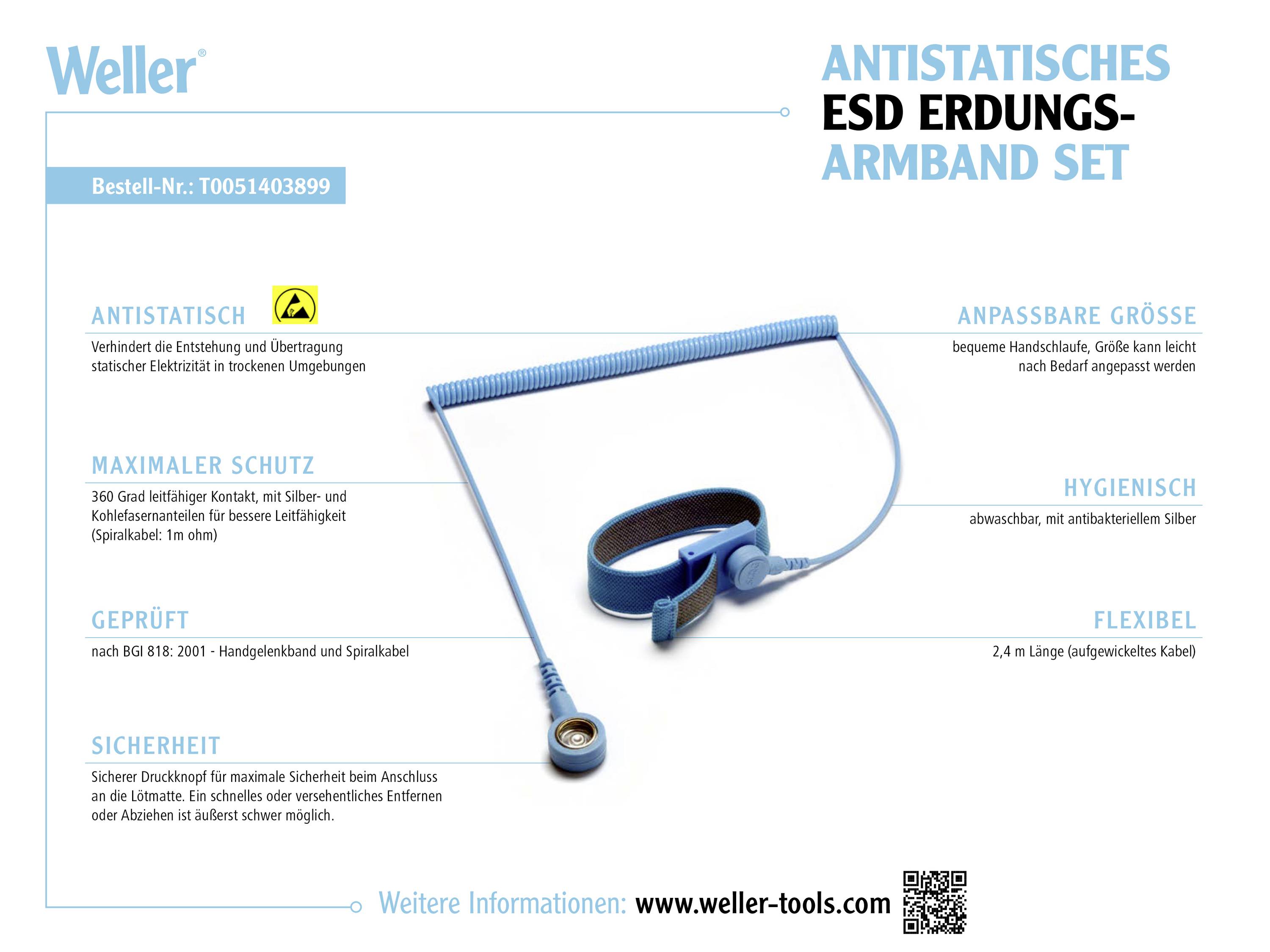 Antistatisches ESD-Erdungsarmbandset von Weller mit verstellbarem Armband, maximalem Schutz und flexibler Leine zur statischen Entladung.