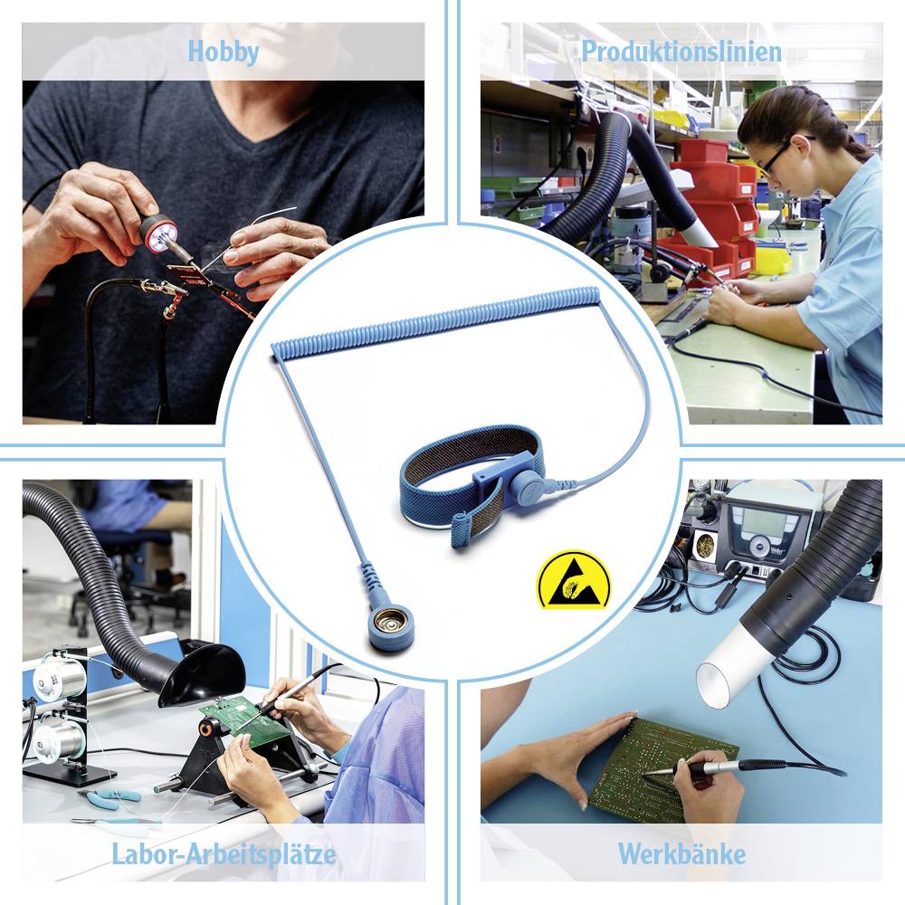 'Bild von Personen, die an Produktionslinien, Werkbänken und Labor-Arbeitsplätzen arbeiten, mit Fokus auf Löten und Montagearbeiten.'