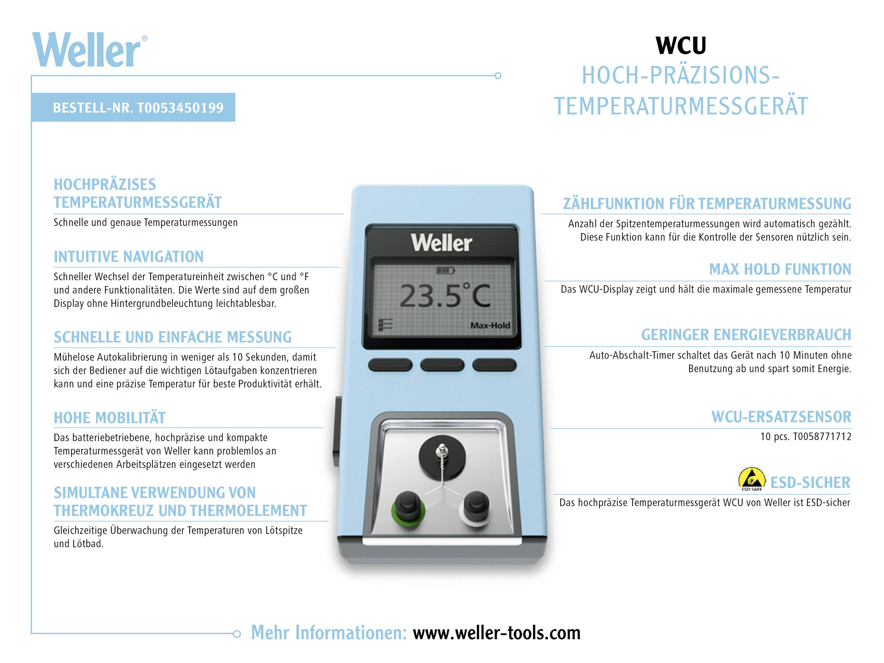 Hochpräzisions-Temperaturmessgerät mit digitaler Anzeige, Handyhalterung und Beschreibungen: intuitive Navigation, genaue Messung, Timer, ESD-sicher. Hersteller: Weller.