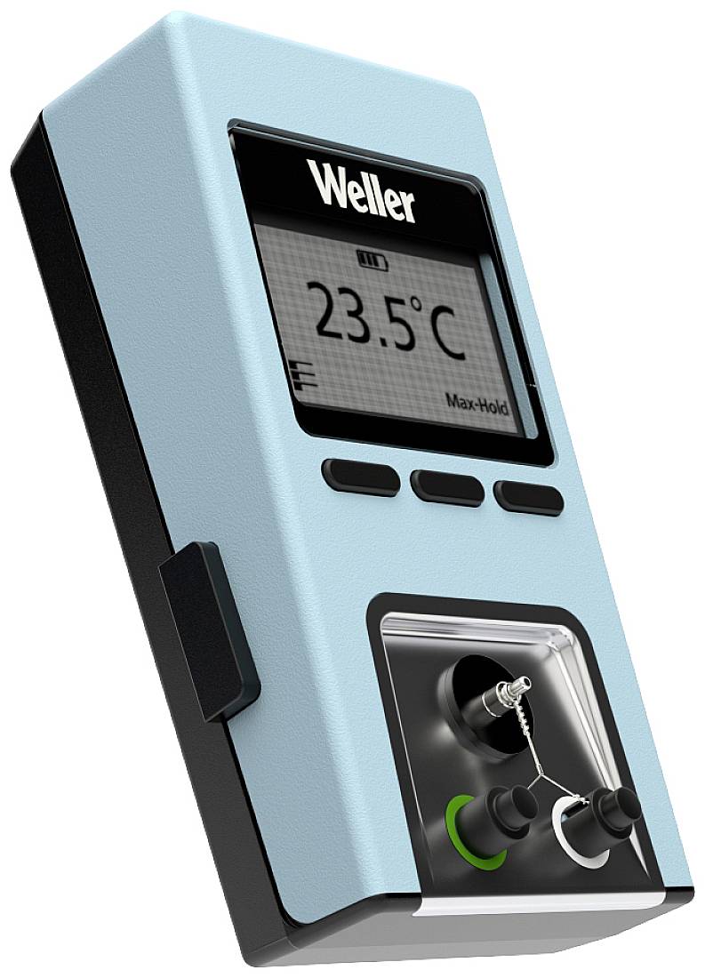Elektronisches Gerät mit Display zeigt '23,5°C'. Blaue Hülle mit schwarzem Rand, Knöpfen und Anschlüssen.