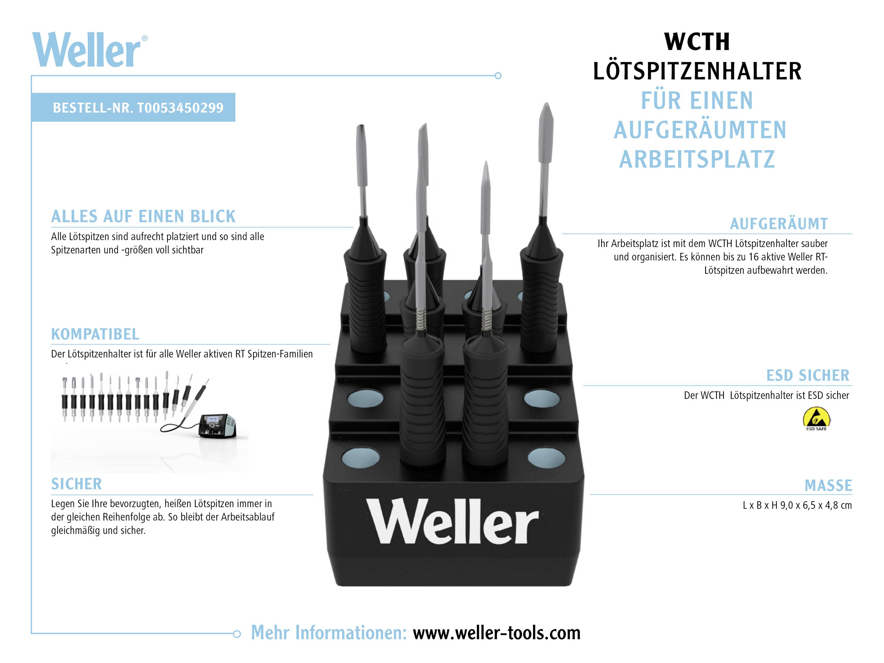 'Weller Lötspitzenhalter für einen aufgeräumten Arbeitsplatz.' Zeigt Lötspitzen auf einem Halter. Produktinfo und Verkaufslink.
