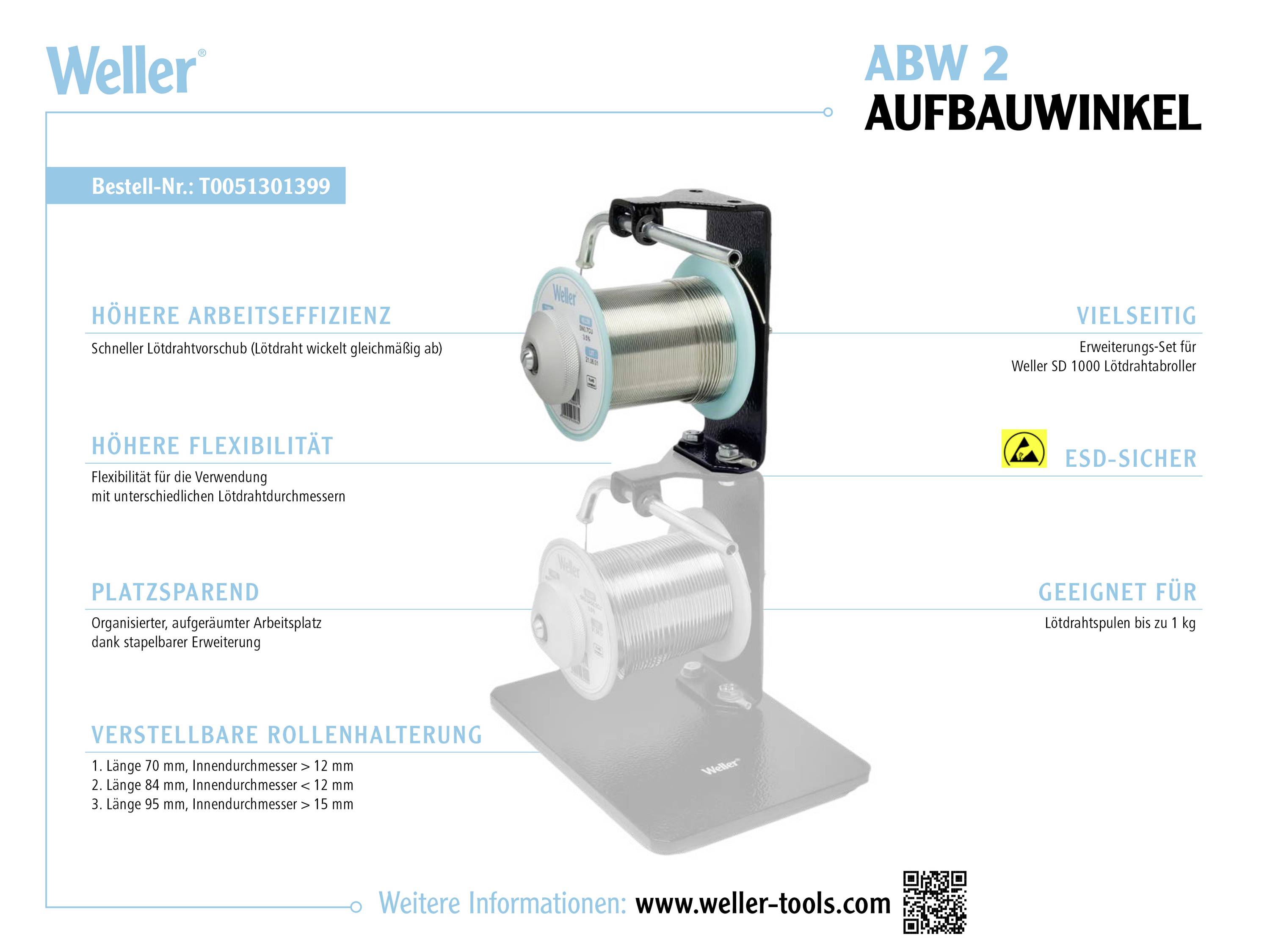 'Werbebild für Weller ABW 2 Aufbauwinkel.' Hauptmerkmale: höhere Arbeitseffizienz und Flexibilität, platzsparend, ESD-sicher, geeignet für Rollen bis 1 kg.