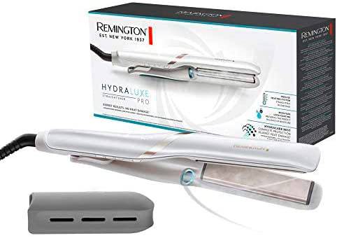 Remington HydraLuxe Pro Haarglätter vor Verpackung. Weißes Design, verspricht Schutz und Feuchtigkeitsausgleich während des Stylings.