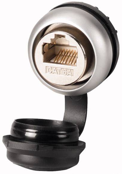 Netzwerksteckdose CAT 6A mit abnehmbarem Schutzdeckel, zeigt den Netzanschluss für Ethernet-Kabelverbindung.