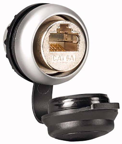 Ein rundes Netzwerkanschluss-Fach, das geöffnet ist und einen RJ45-Anschluss zeigt, geeignet für CAT 6A Kabelverbindungen.