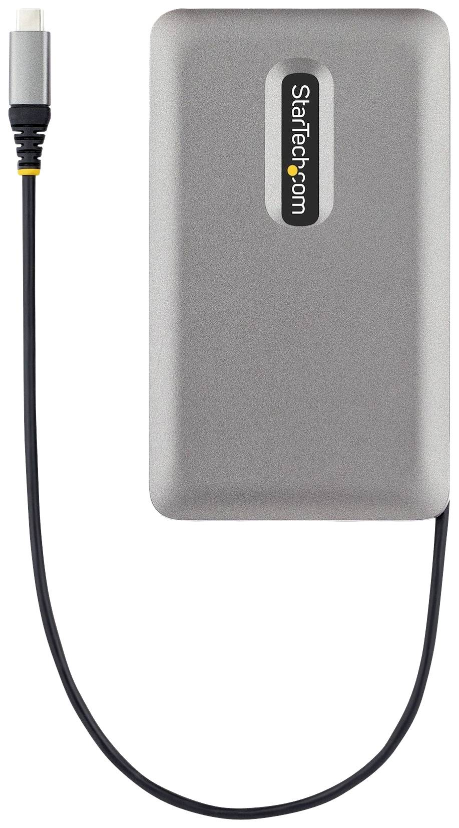 Externe Festplatte mit silbernem Gehäuse und Anschlusskabel, Markenname 'StarTech.com' auf der Oberfläche.