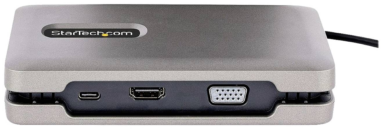 Ein grauer Adapter mit Anschlüssen für HDMI, USB-C und VGA, von der Marke 'StarTech.com'. Geeignet für Geräteverbindungen.
