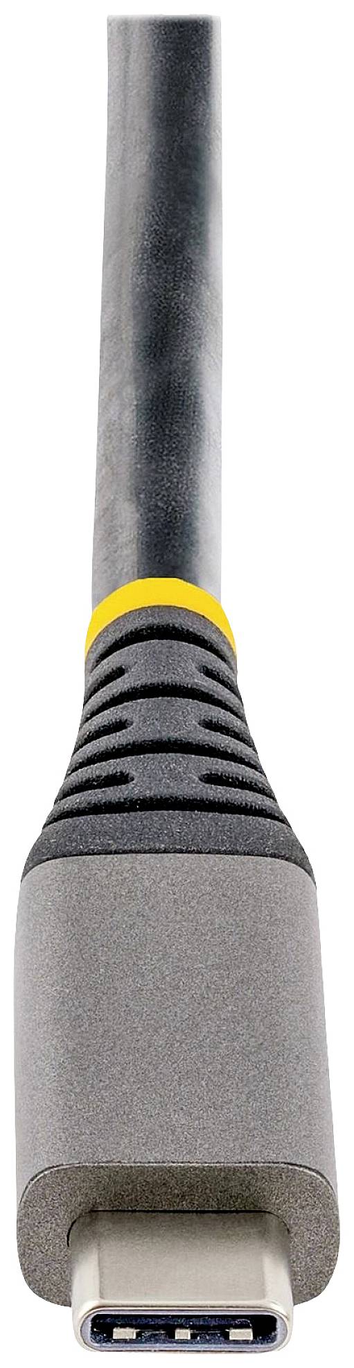 USB-C-Kabel mit grauem Stecker und gelbem Ring, geeignet für moderne Datenübertragungen und Laden von Geräten.