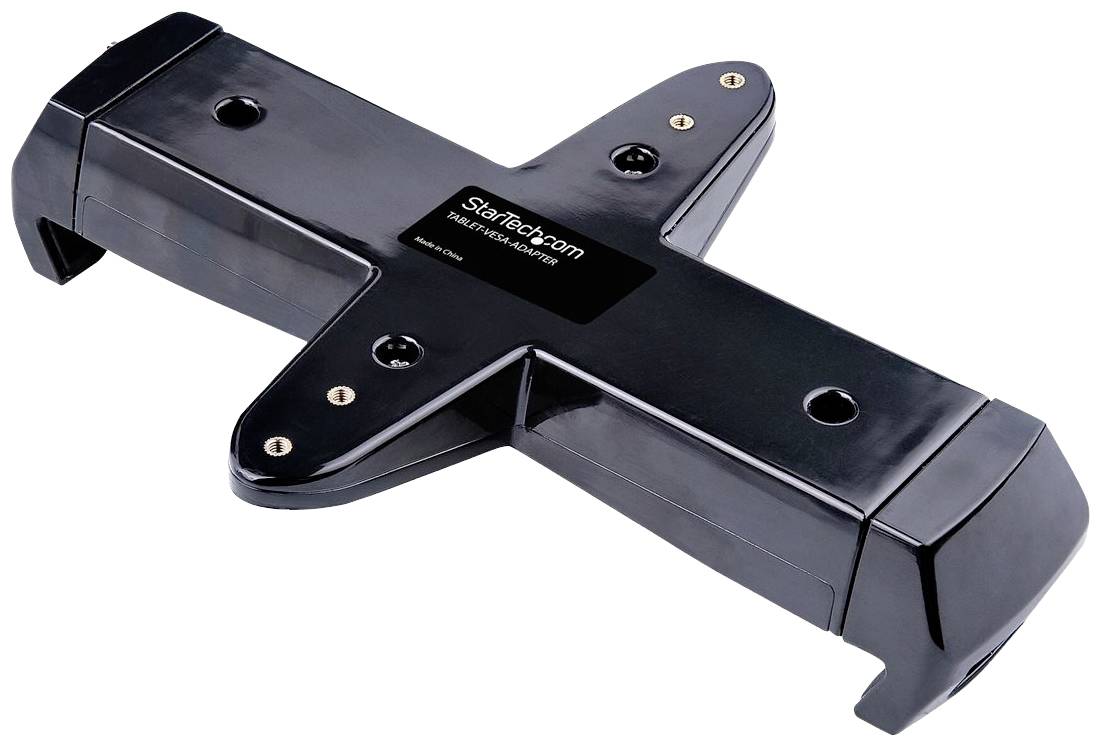 Eine schwarze, kreuzförmige Metallhalterung mit der Aufschrift 'StarTech.com'. Sie hat mehrere Befestigungslöcher und eine glatte Oberfläche.