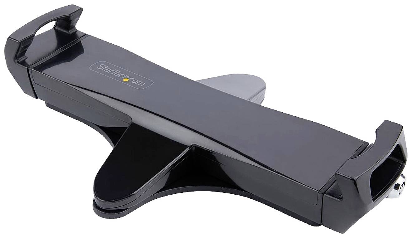 Tablet-Halterung aus schwarzem Kunststoff für Kopfstützen, ermöglicht Befestigung von Tablets im Auto. Marke 'StarTech' sichtbar auf Gerät.