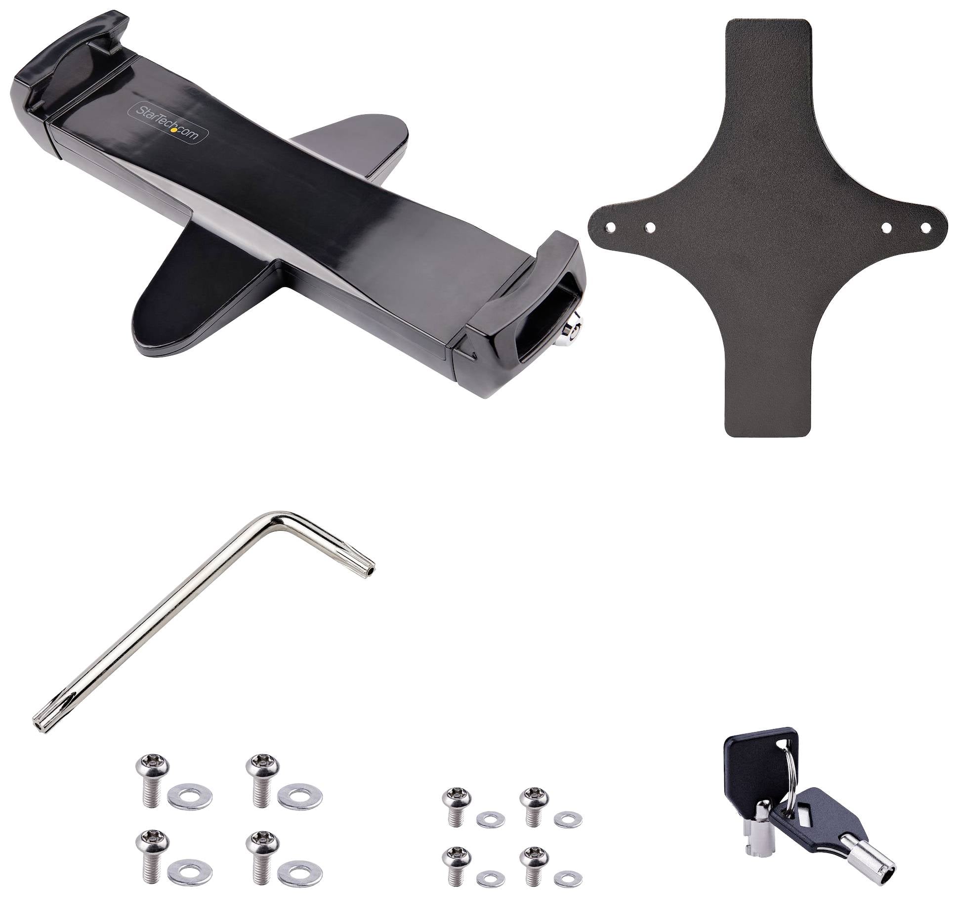 Halterung mit Kreuzplatte, Schrauben, Inbusschlüssel und Klemmen, präsentiert auf weißem Hintergrund. Zubehörteile zur Wandmontage.