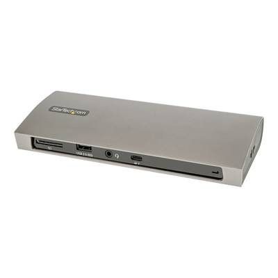 Ein silbernes Computer-Dock mit mehreren Anschlüssen, darunter USB und Audio. Der Markenname 'StarTech.com' ist sichtbar.