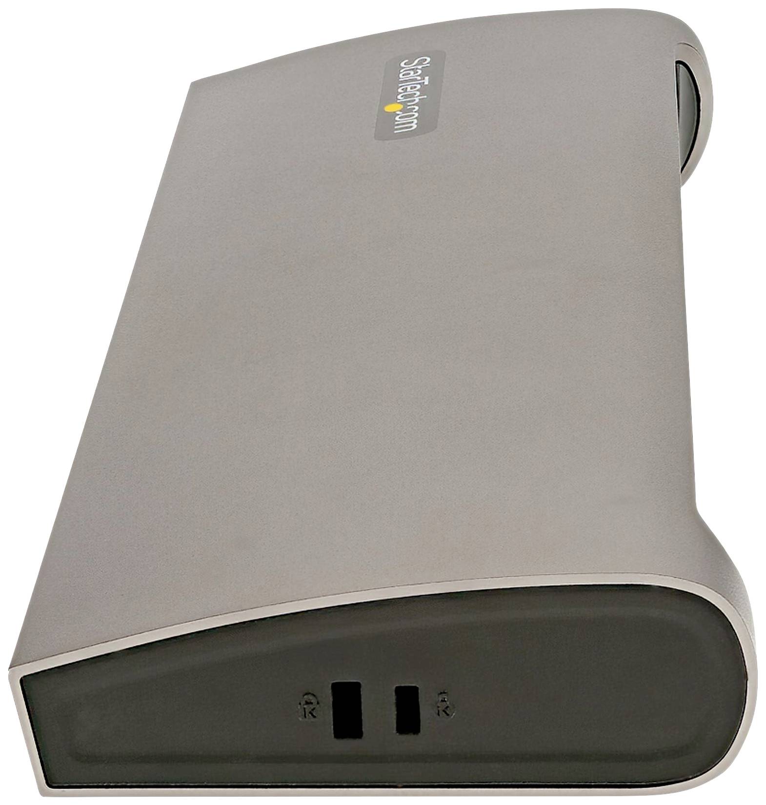 Ein silbernes Gerät mit zwei USB-Anschlüssen auf der Vorderseite und einem Logo auf der Oberseite.