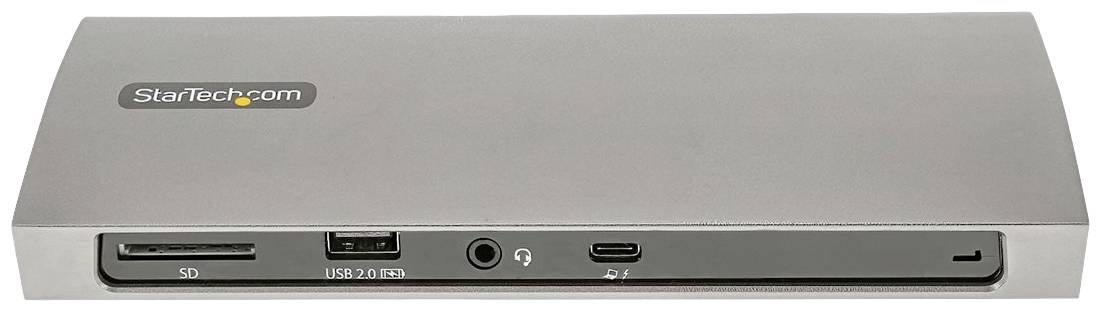 Ein silbernes StarTech.com Dockingstation mit SD-Kartenleser, USB 2.0-Anschluss, 3,5-mm-Audioanschluss und USB-C-Anschluss.