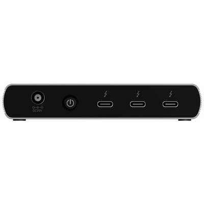 Ein elektronisches Gerät mit einem Gleichstromanschluss links, einem Netzschalter in der Mitte und drei USB-C-Anschlüssen rechts.