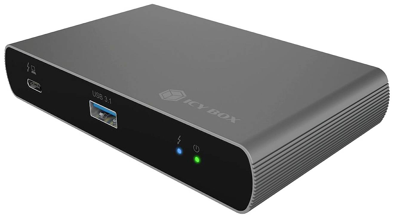 Eine schwarze externe Festplattenbox mit USB 3.1 und Thunderbolt-Anschlüssen. LED-Anzeigen zeigen den Betriebsstatus.