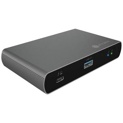 Externe Festplattenbox aus Metall mit USB 3.1 Anschluss. Sie hat LED-Anzeigen und ein modernes, schlankes Design.