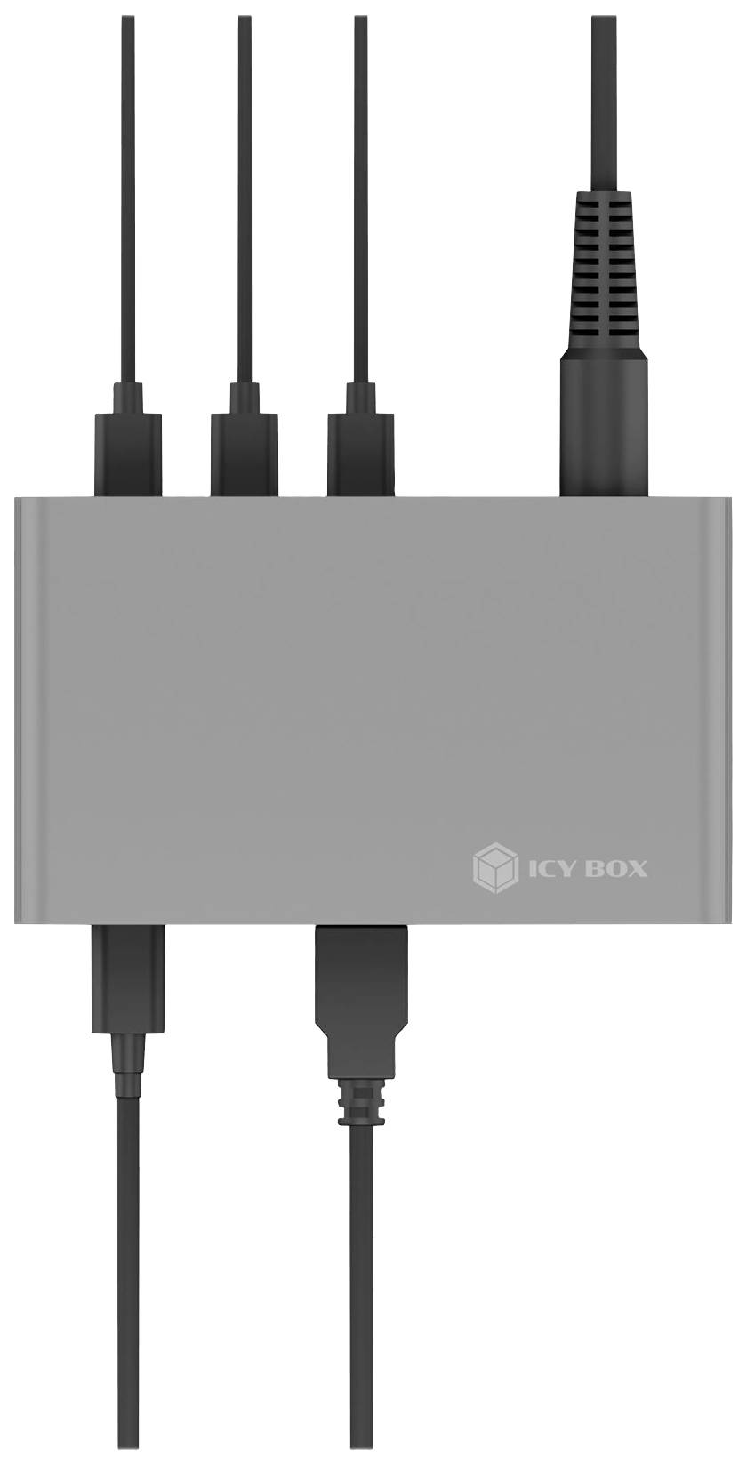 Eine graue elektronische Box mit fünf angeschlossenen Kabeln, die verschiedenen Ports zugeordnet sind. Logo 'ICV BOX' rechts unten.