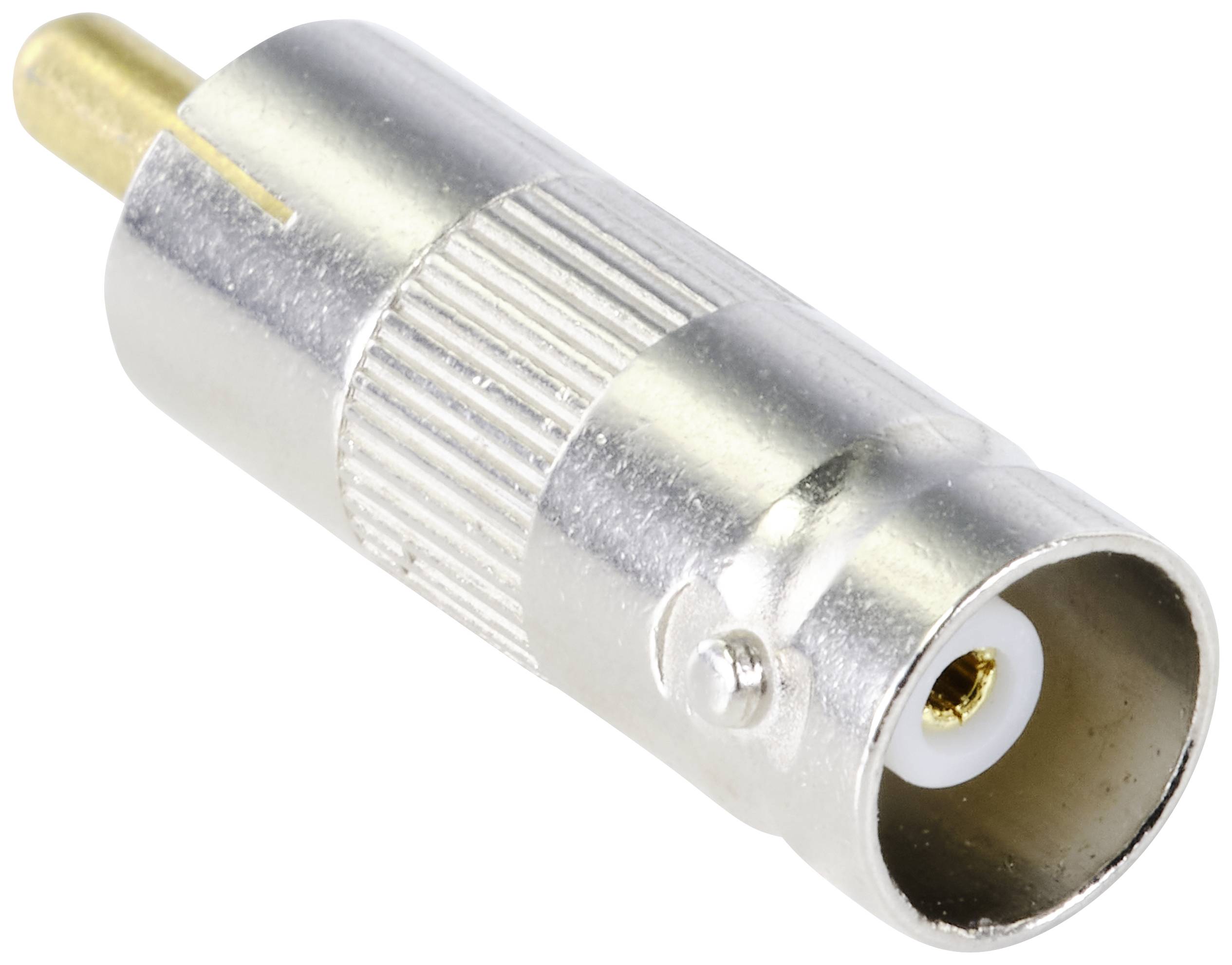 Ein koaxialer Adapterstecker mit einem Metallgehäuse und einer Buchse an einem Ende, geeignet für Anschluss von koaxialen Kabeln.