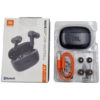 Verpackung und Inhalt der JBL Wave 200TWS Kopfhörer: Ladebox, Ohrhörer, Ladekabel, zusätzliche Ohrstöpsel. Bluetooth-fähig.