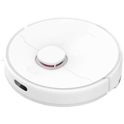 Ein weißer, runder Saugroboter mit glatter Oberfläche und Sensoren; dient zur automatisierten Bodenreinigung.