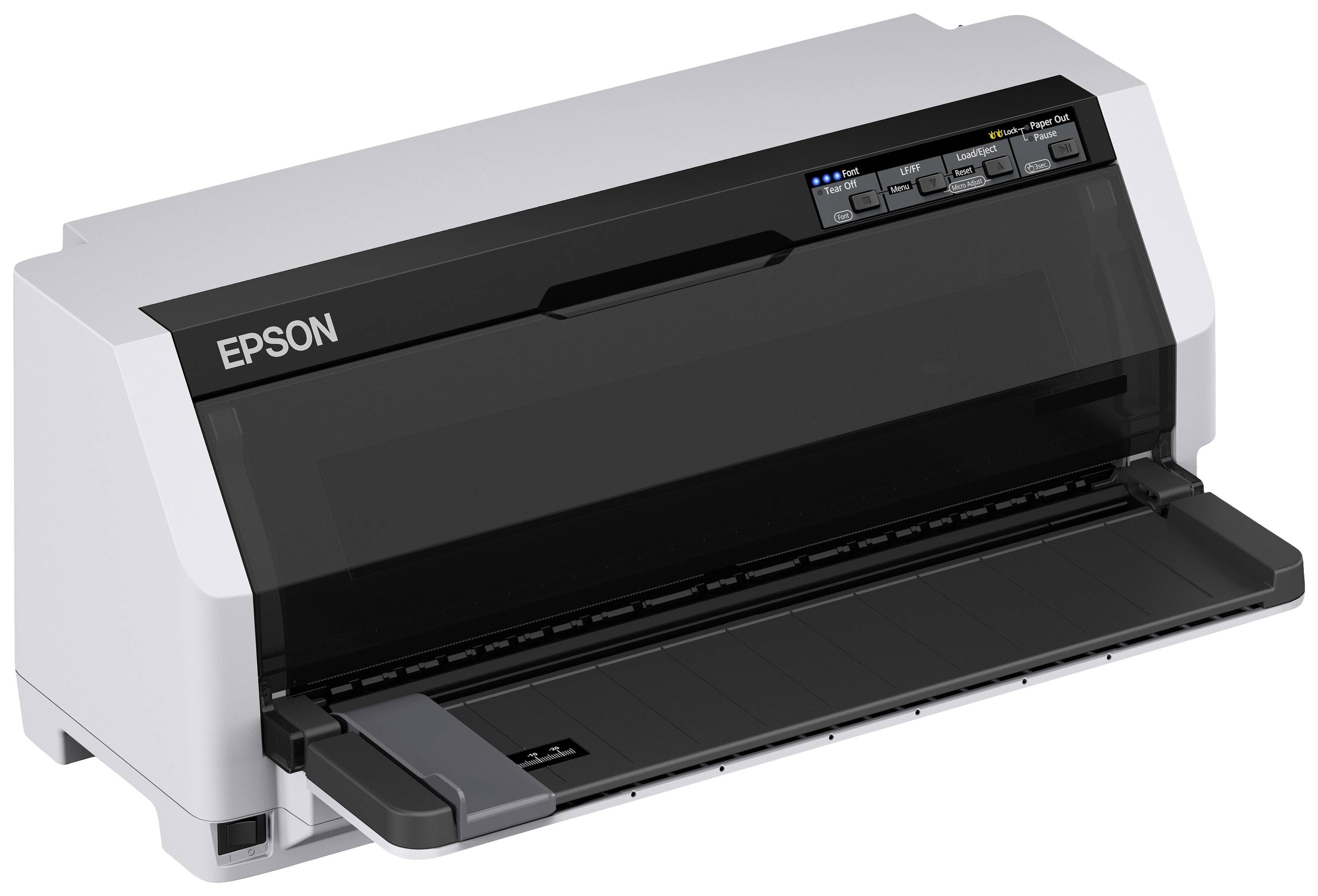 Ein Epson-Drucker, Modell im Vordergrund, auf einem weißen Hintergrund. Perfekt für Büroanwendungen und Dokumentendruck geeignet.