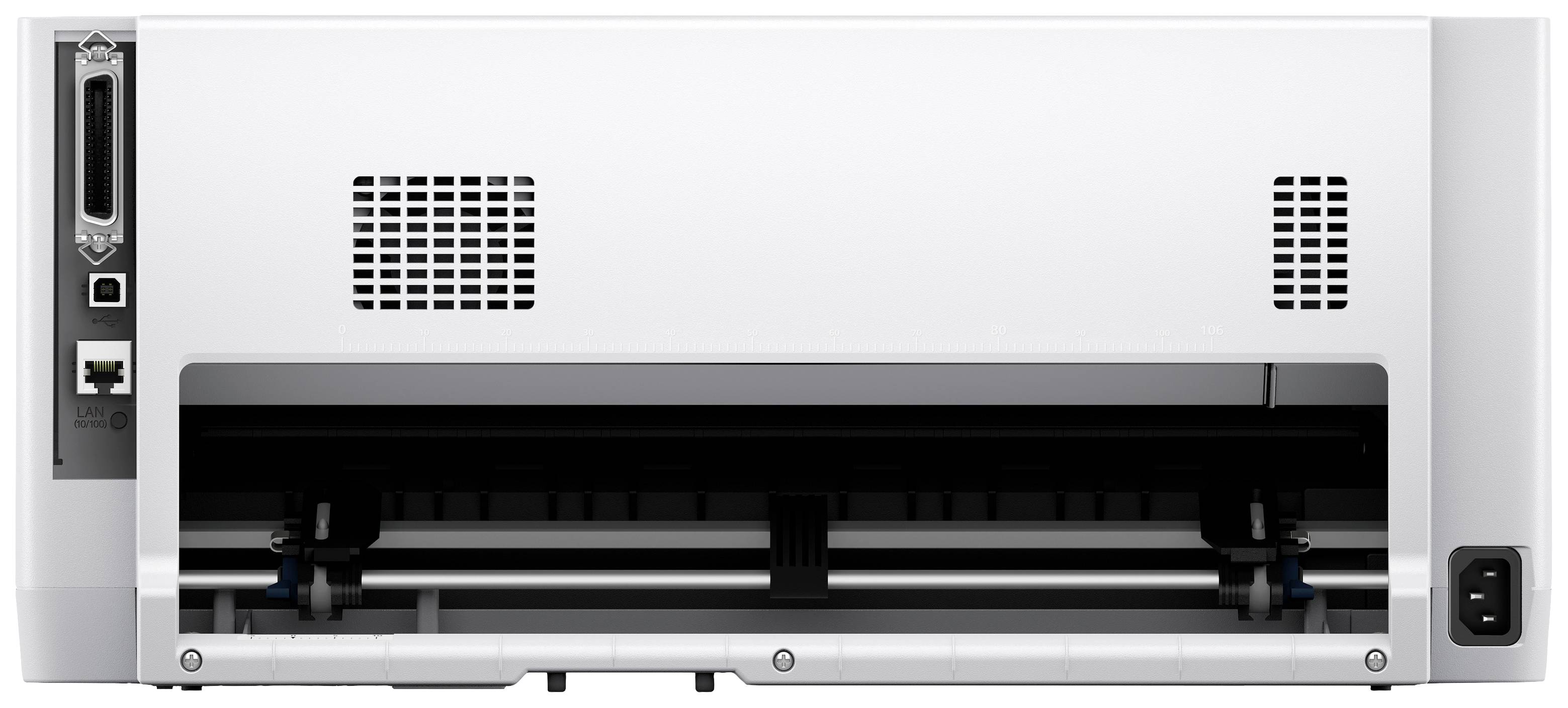 Rückseite eines Druckers mit Stromanschluss, USB-Port und Ethernet-Anschluss, zeigt Lüftungsgitter und Papierausgabefach.