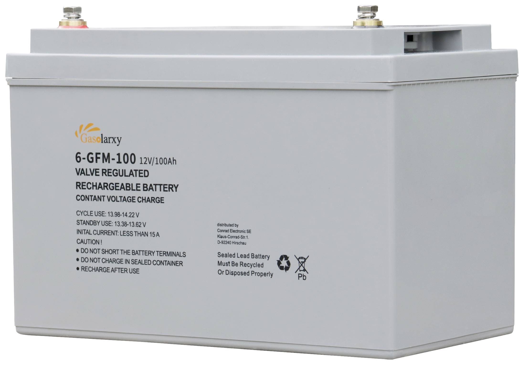 Graue, wiederaufladbare Batterie mit Aufschrift '6-GFM-100, 12V/100Ah', geeignet für geregelte Ventile und konstante Spannungsaufladung.