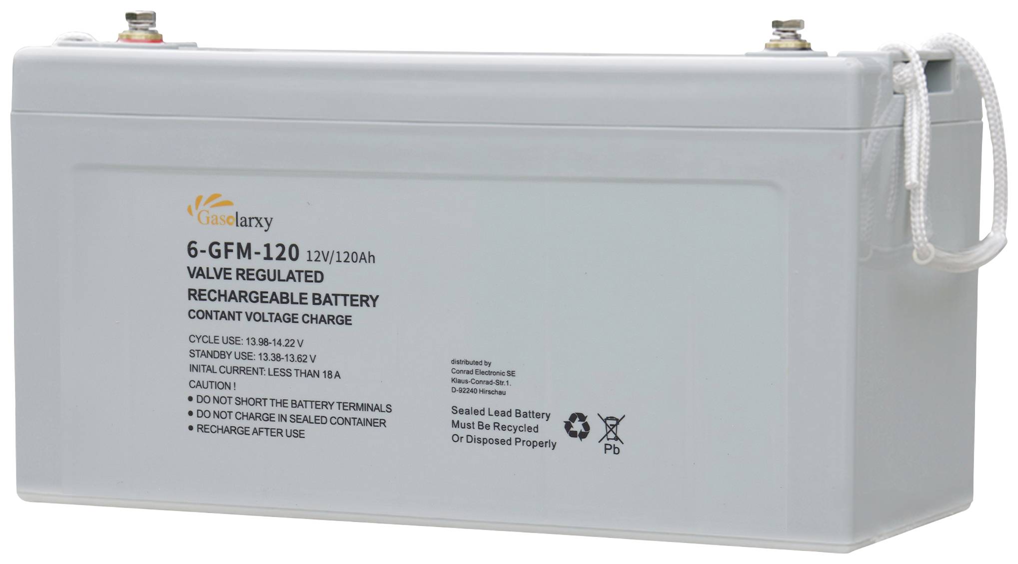 '12V wiederaufladbare Bleibatterie, Modell 6-GFM-120, 120Ah. Gleichmäßige Spannungsladung. Warnhinweise zum sicheren Gebrauch.'