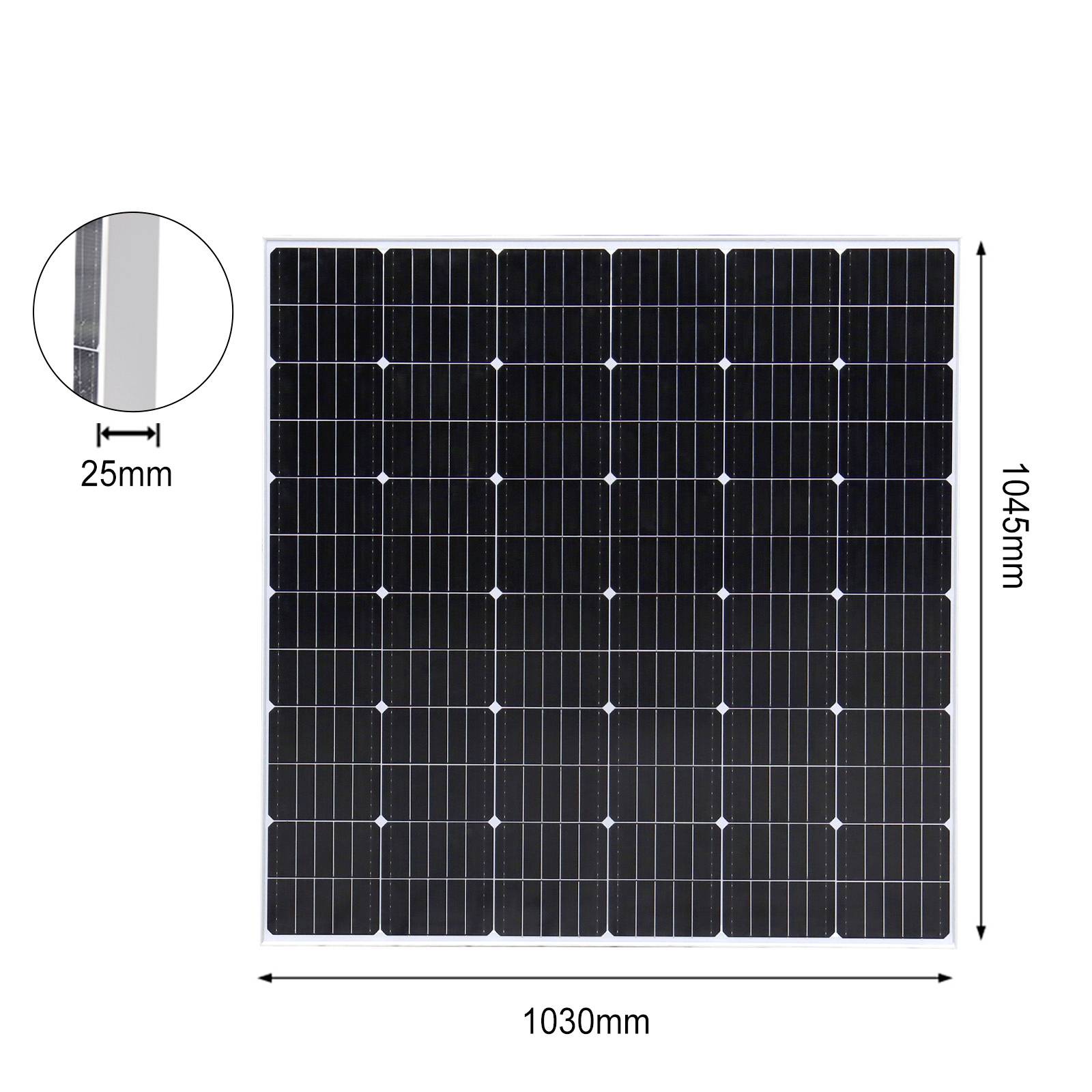 Solarmodul mit 36 quadratischen Zellen, Seitenansicht zeigt 25 mm Dicke. Maße: 1030 mm Breite, 1045 mm Höhe.