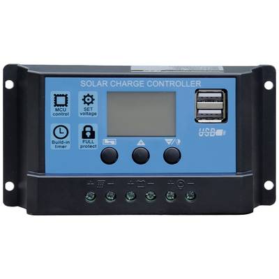 Ein blauer Solar-Laderegler mit digitalem Display, mehreren Knöpfen und USB-Anschlüssen, verwendet zur Regulierung der Solarenergie.