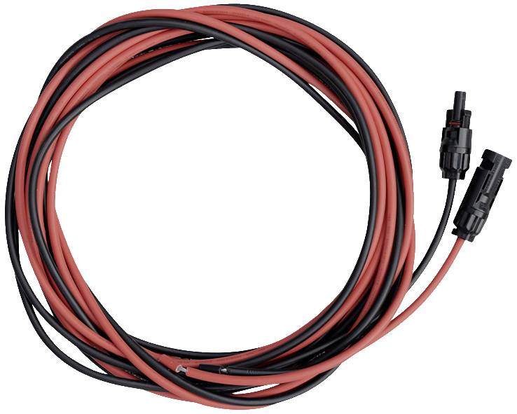 Rotes und schwarzes Kabel mit Steckverbindern, aufgerollt. Hauptsächlich für Solaranwendungen wie Photovoltaiksysteme geeignet.