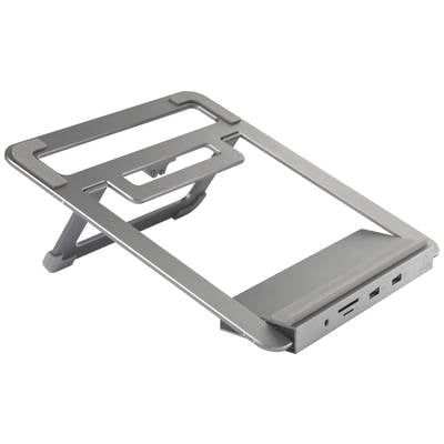 Ein faltbarer, ergonomischer Laptopständer aus Metall mit mehreren Höhenstufen und USB-Anschlüssen an der Vorderseite.