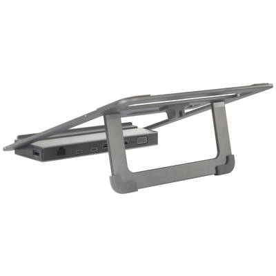 Ein Laptop-Ständer mit mehreren Anschlussmöglichkeiten, darunter USB, HDMI und VGA. Der Ständer ist schräg gestellt für bessere Ergonomie.
