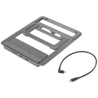 Ein Laptop-Ständer aus Metall mit integrierter USB-C-Dockingstation, daneben ein abnehmbares USB-C-Kabel.