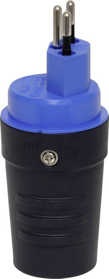 'Drehstromstecker mit blauer und schwarzer Kunststoffhülle, drei Metallstifte oben sichtbar.'