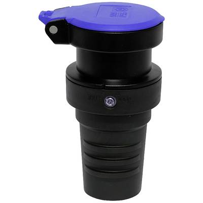 Ein schwarzer, zylindrischer Adapter mit einem blauen, klappbaren Deckel.