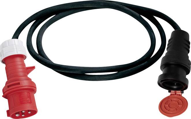 Ein Verlängerungskabel mit rotem Stecker und schwarzer Kupplung, geeignet für den industriellen Einsatz.