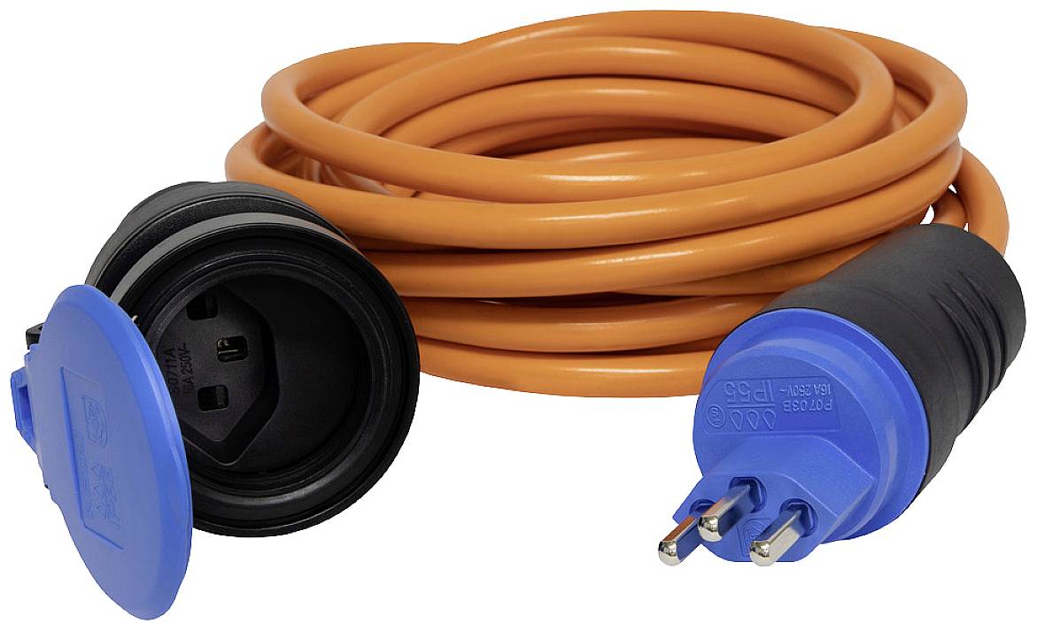 Orange Verlängerungskabel mit blauen Steckverbindungen. Das Kabel ist aufgerollt und bereit zur Verwendung.