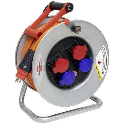 Eine Kabeltrommel mit orangefarbenem Kabel, einem schwarzen Griff und mehreren blauen und roten Steckdosen für elektrische Anschlüsse.