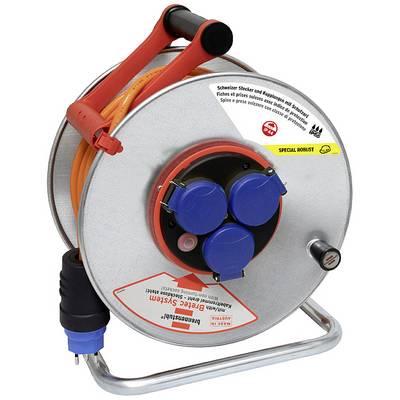Ein graues Kabeltrommel mit rotem Griff, blauen Steckdosen und orangenem Kabel. Geeignet für den Einsatz im Freien.