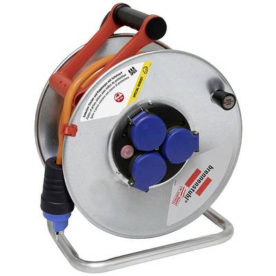 Ein elektrisches Kabeltrommel mit drei blauen Steckdosen und einem orangen Kabel. Geeignet für Baustellen oder Werkstätten.