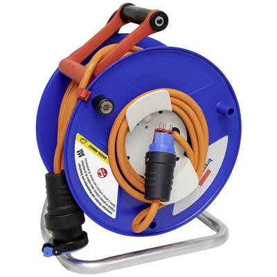 Ein blau-orangefarbenes Kabeltrommel mit Mehrfachstecker, geeignet für den Einsatz im Freien.