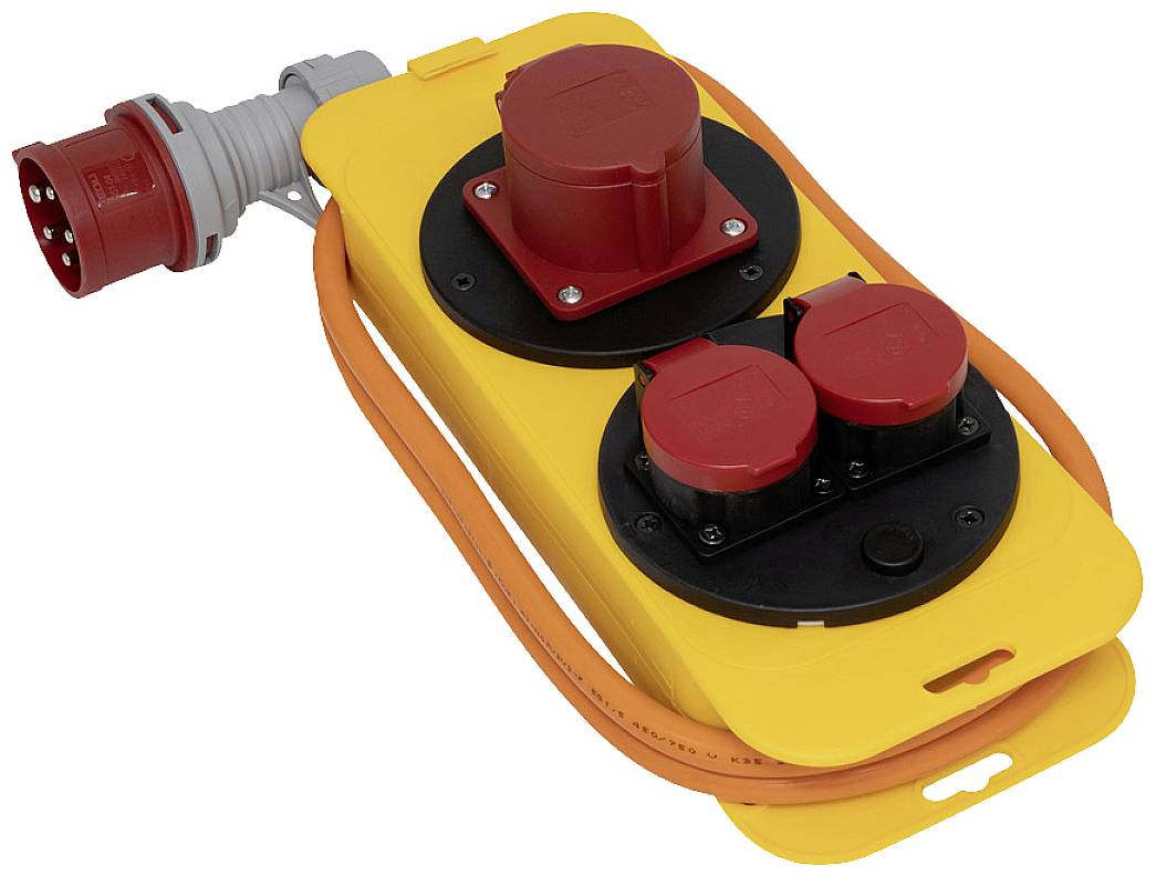 Mehrfachsteckdose mit gelbem Gehäuse, rotem Stecker und mehreren roten Steckdosen, verbunden durch ein oranges Kabel.