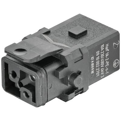 Schwarzer elektrischer Stecker mit drei Steckverbindungen und seitlicher Verriegelung. Geeignet für 10A, 230V/400V, KW3.