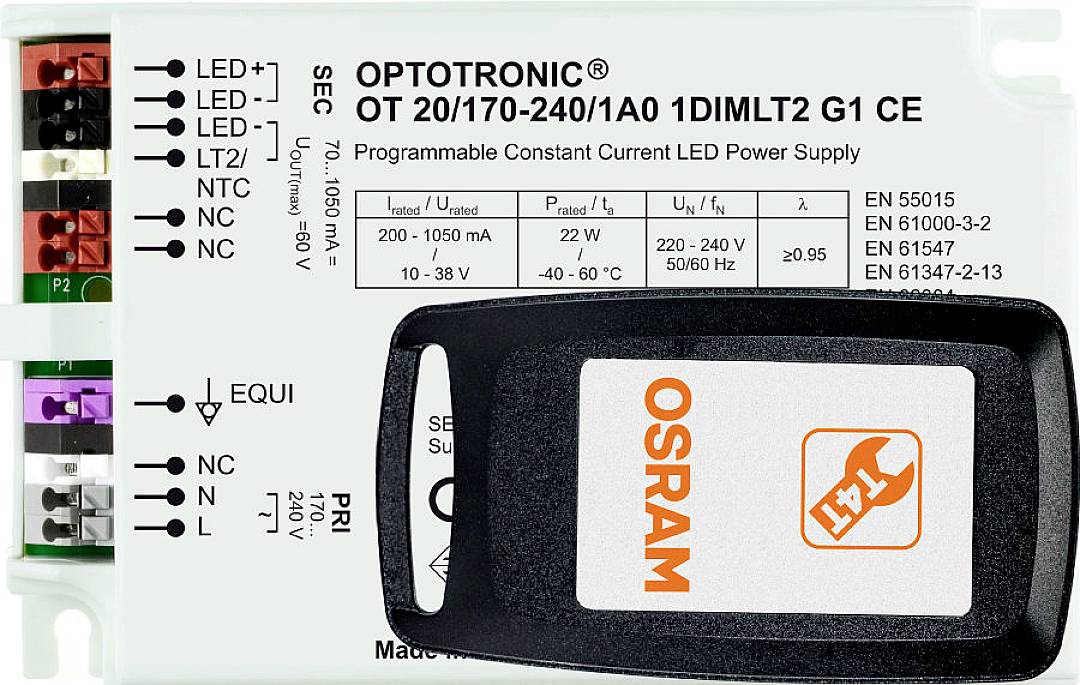 Elektronisches Vorschaltgerät mit der Aufschrift 'Optotronic OT 20/170-240/1A0 1DIMLT2 G1 CE' und 'Osram'-Logo.
