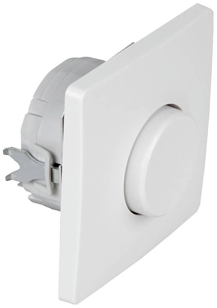 Ein weißer Lichtdimmer mit quadratischer Abdeckung und rundem Drehregler, zur Steuerung der Lichtintensität in Innenräumen.